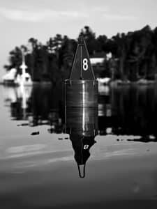 This photograph features the #8 buoy in Blue Hill Bay, located in Blue Hill, Maine. The buoy stands prominently in the still waters, its reflection perfectly mirrored beneath it, creating a striking and symmetrical composition. The background, softly out of focus, hints at the serene coastal environment of Blue Hill, with the shoreline and trees adding depth to the scene. The black and white treatment enhances the buoy's stark contrast against the calm water, emphasizing its importance as a navigational marker in the bay. The image captures the quiet beauty and functional elegance of coastal life in Maine.