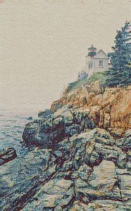 This artistic photograph captures the iconic Bass Harbor Head Lighthouse, located within Acadia National Park in Maine. The image has been enhanced with a painterly effect, emphasizing the rugged coastal cliffs and the historic lighthouse perched atop them. The textured, cotton-like effect adds a timeless, almost ethereal quality to the scene, making it a striking representation of one of Maine's most beloved landmarks. Bass Harbor Head Lighthouse, built in 1858, continues to guide mariners along the rocky coastline, its beacon a symbol of the state's rich maritime heritage.