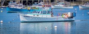 This vibrant photograph captures the essence of maritime life in Bass Harbor, Maine. Centered in the image is the "Miss Amelia," a brightly colored lobster boat, floating serenely in the harbor. The boat is surrounded by other vessels, each reflecting the industrious spirit of this coastal community. The clear blue waters and the bustling dock in the background add to the lively atmosphere, showcasing the daily hustle of the fishing industry. This image beautifully encapsulates the charm and activity of Bass Harbor, making it a picturesque representation of Maine's coastal heritage.