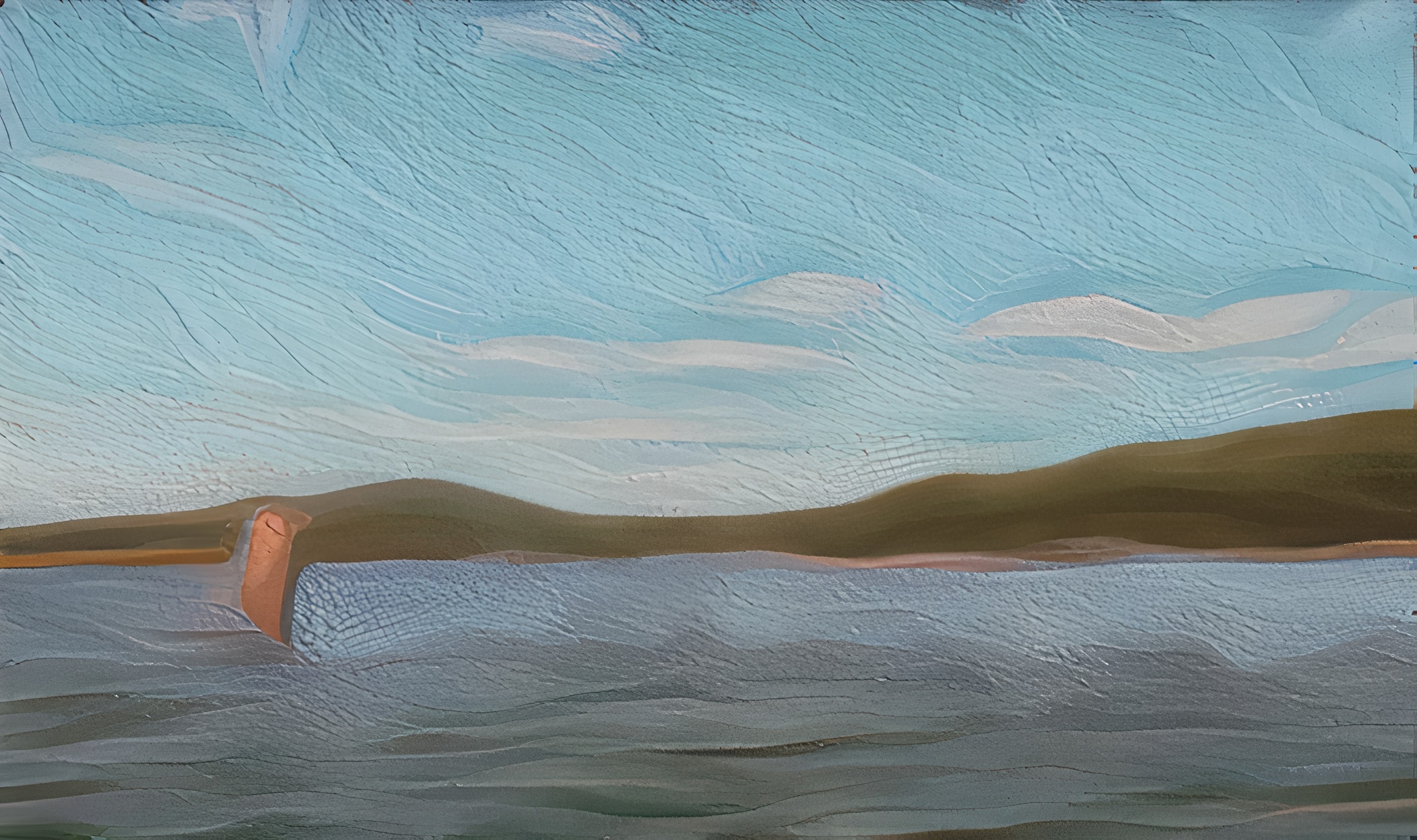 Artistic rendition of a vivid orange channel marker floating in the calm blue waters of Blue Hill Bay, Maine, with Blue Hill Mountain in the background and soft painterly brushstrokes enhancing the sky and sea.