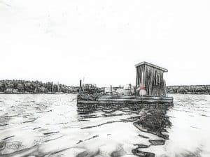 An artistic photograph featuring a rustic bait shack floating on the calm waters of Blue Hill Bay, Blue Hill, Maine. The image captures the essence of coastal life with the bait shack and its surroundings, including a serene backdrop of forested shoreline and distant boats. The penciled look adds a unique texture and character to the scene, emphasizing the tranquil beauty and maritime charm of the area.