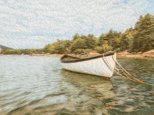 This tranquil photograph, titled "The Rowboat," captures the essence of peaceful coastal life in Downeast Maine. The solitary rowboat, gently tethered and floating on calm waters, is surrounded by a serene natural landscape of lush trees and distant mountains. The textured effect adds a soft, timeless quality to the image, evoking a sense of calm and connection to the beauty of nature. Perfect for bringing a touch of rustic coastal charm into your home or workspace, this piece reflects the quiet moments of life by the water.