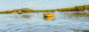 This artistic photograph captures the serene beauty of Blue Hill Bay in Blue Hill, Maine. The image features a small yellow boat floating on the calm waters of the bay, with Blue Hill Mountain and lush greenery providing a picturesque backdrop. The photo has been creatively transformed to resemble an oil painting, enhancing the vibrant colors and textures, making it a visually striking piece that evokes a sense of tranquility and timelessness.