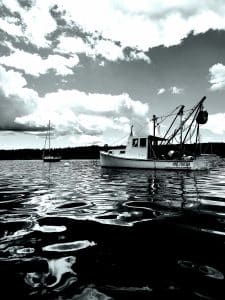 This monochromatic photograph captures a working boat anchored in Blue Hill Bay, Blue Hill, Maine. The boat stands out against the backdrop of a dramatic sky and tranquil waters, highlighting the daily maritime activities that are a staple in this region. The image emphasizes the serene yet industrious nature of coastal life, with reflections on the water enhancing the sense of calm and the boat symbolizing the hard-working spirit of the local community.