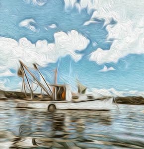 This image captures a fishing boat floating serenely on the calm waters of Blue Hill Bay, Blue Hill, Maine. The photograph has been enhanced with a painterly effect, giving it a unique and artistic texture. The scene showcases the boat's intricate details and reflections, set against a backdrop of a bright blue sky with scattered clouds, embodying the tranquil beauty of coastal life.