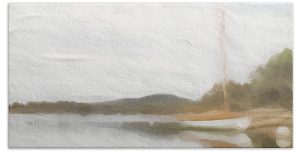 A white boat moored at a misty shoreline, with soft painterly textures and calming muted tones.