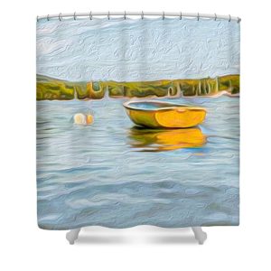 Elevate your bathroom decor with the vibrant "Yellow Boat" Shower Curtain. This captivating artwork by Blaine Stoner brings the serene beauty of a tranquil bay into your home, featuring a bright yellow boat gently floating on calm waters. The warm, painterly textures and reflections in the water create a sense of peace and relaxation, making this shower curtain a perfect addition to any coastal or nature-inspired bathroom. Key Features: High-Quality Fabric: Made from 100% polyester, this shower curtain is durable, water-resistant, and designed to last. Detailed, Fade-Resistant Print: The high-resolution print captures the vibrant colors and textures of the artwork, ensuring it remains vivid over time. Generous Size: Measuring 71" x 74", it provides full coverage for standard showers and bathtubs. Easy Installation: Comes with 12 reinforced hook holes, making it simple to hang with your favorite shower curtain hooks. Machine Washable: Easy to care for, this shower curtain is machine washable, allowing for hassle-free maintenance. Perfect for Any Bathroom: Home Decor: Add a splash of color and tranquility to your bathroom with this beautifully artistic shower curtain. Gifting: This shower curtain makes a thoughtful gift for those who appreciate coastal scenery, vibrant art, and Blaine Stoner's photography. Bring the calming essence of a quiet day on the water into your bathroom with the "Yellow Boat" Shower Curtain. Artwork by Blaine Stoner.