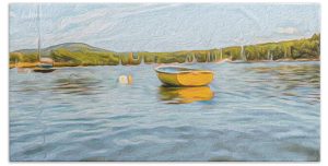 Add a touch of coastal charm to your bathroom with The Yellow Boat towels, featuring the captivating artwork of Blaine Stoner. This towel brings a serene scene of a single yellow boat gently floating on calm waters, surrounded by the beauty of nature. The vibrant yellow hue of the boat contrasts beautifully with the soft blues and greens of the water and surrounding landscape, creating a peaceful and inviting atmosphere. Perfect for those who love nautical themes and tranquil settings. Key Features: Premium Quality Fabric: Crafted from high-quality materials for softness, absorbency, and durability. Vibrant, Fade-Resistant Print: The vivid colors are expertly printed to maintain their brilliance over time, ensuring your towel remains a stunning piece of art. Versatile Size Options: Available in multiple sizes, from hand towels to full beach towels, making it a perfect fit for any need. Easy Care: Machine washable for hassle-free cleaning and maintenance. Bring the calm of a serene coastal day into your home with this stunning towel. Photography by Blaine Stoner.