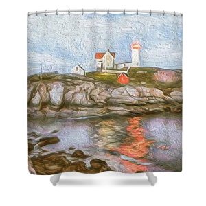 Transform your bathroom into a serene coastal retreat with the "Nubble Lighthouse at Dusk" Shower Curtain. This stunning artwork by Blaine Stoner captures the iconic Nubble Lighthouse bathed in the soft hues of dusk. The rich colors and textures of the lighthouse and its reflection in the calm waters create a peaceful and picturesque scene that brings the beauty of coastal Maine into your home. Key Features: High-Quality Fabric: Made from 100% polyester, this shower curtain is durable, water-resistant, and designed to last. Detailed, Fade-Resistant Print: The vibrant colors and intricate details of the artwork are preserved over time, adding a touch of elegance to your bathroom decor. Generous Size: Measuring 71" x 74", it provides full coverage for standard showers and bathtubs. Easy Installation: Comes with 12 reinforced hook holes for easy hanging with your favorite shower curtain hooks. Machine Washable: Easy to care for, this shower curtain is machine washable, allowing for hassle-free maintenance. Perfect for Any Bathroom: Home Decor: Enhance your bathroom with the tranquil beauty of the Maine coast. Gifting: This shower curtain makes a thoughtful gift for lighthouse enthusiasts, coastal decor lovers, and fans of Blaine Stoner's photography. Bring the magic of the Nubble Lighthouse into your bathroom with this beautifully crafted shower curtain.