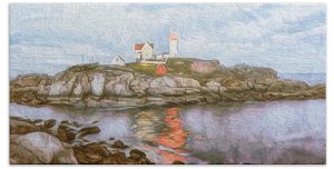 Add a touch of coastal charm to your bathroom with the Nubble Light at Dusk towel, featuring the serene photography of Blaine Stoner. This towel captures the peaceful ambiance of the iconic Nubble Lighthouse as it stands tall against the dusk sky, with its light reflecting softly on the calm waters below. The soft hues and tranquil setting bring a sense of calm and elegance to your space, making it perfect for any bathroom or beach outing. Key Features: Premium Quality Fabric: Made from soft, durable polyester, ensuring a luxurious feel and long-lasting use. Vivid, Fade-Resistant Print: The high-resolution image captures the subtle details and soft colors of the lighthouse and surrounding landscape. Versatile Size Options: Available in various sizes to suit your needs, from hand towels to full beach towels. Easy Care: Machine washable for convenient maintenance, keeping the towel looking fresh and vibrant. Perfect for Any Bathroom: Ideal for those who love coastal scenes, lighthouses, or tranquil bathroom décor. Bring the timeless beauty of the coast into your home with this elegant towel. Photography by Blaine Stoner.