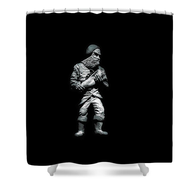 A Fine Art shower curtain displaying a detailed statue of a fishmonger, set against a black background.