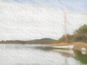 Painterly photograph of a white boat moored by the shore, reflected in calm, misty waters, captured by Blaine Stoner.