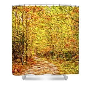 Transform your bathroom into a glowing autumn retreat with the "Fall Country Lane" shower curtain. This captivating artwork by Blaine Stoner brings the vibrant beauty of a sun-dappled forest path, lined with brilliant fall foliage, into your space. The rich golden hues and textured details evoke the warmth and nostalgia of a peaceful country stroll, making this shower curtain a stunning addition to your bathroom decor.