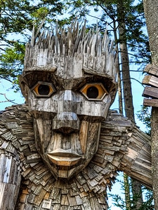 This striking photograph showcases one of the Giant Troll sculptures at the Coastal Maine Botanical Gardens in Boothbay, Maine. Created by Danish artist Thomas Dambo, the trolls are part of the "Guardians of the Seeds" exhibit, crafted entirely from reclaimed wood. Each troll plays a symbolic role in protecting the environment, representing parts of a tree and carrying messages about conservation and our connection to nature. The intricate details of this troll's expressive face and natural wooden textures bring the exhibit to life, inviting viewers to explore the deeper meaning of environmental stewardship. This photograph perfectly captures the essence of this artistic masterpiece and the natural beauty of the Maine landscape.