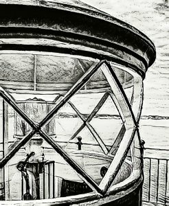 This artistic photograph captures the Rockland Breakwater Lighthouse in Rockland, Maine, transformed into a pencil drawing effect. The image focuses on the intricate design of the lighthouse's lantern room window, framing a view of the surrounding coastal scenery. The black and white treatment emphasizes the structural details and textures, creating a timeless, nostalgic atmosphere. This creative rendering showcases the beauty and historical significance of the lighthouse in a unique, illustrative style.