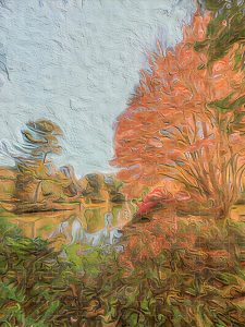 Painterly photograph of a tranquil autumn scene at Asticou, featuring vibrant fall foliage against a blue sky, captured by Blaine Stoner.