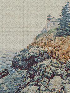 Painterly photograph of Bass Harbor Lighthouse on a rocky cliff with the Atlantic Ocean in the background, captured by Blaine Stoner.