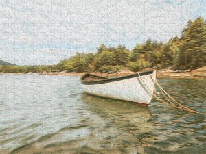 Painterly photograph of a rowboat floating on a peaceful inlet, surrounded by greenery and distant hills, captured by Blaine Stoner.