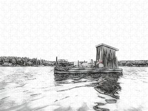 Pencil-sketch style illustration of a bait shack floating on calm waters, with distant boats and shoreline, captured by Blaine Stoner.