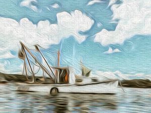 Painterly photograph of a fishing boat on calm waters under a blue sky with clouds, captured by Blaine Stoner.