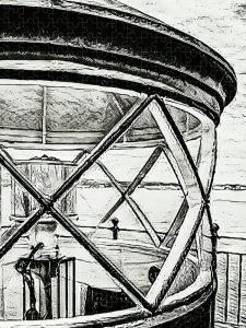 Pencil-sketch style artwork of a lighthouse lantern room, focusing on its intricate framework, captured by Blaine Stoner.