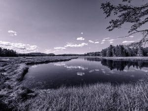 A slow bend in the water reflects the clouds drifting quietly overhead. In the distance, Cadillac Mountain watches over the stillness of Bass Harbor.