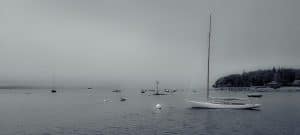 Sailboats rest in the misty calm of Brooklin Harbor, Maine — a portrait of coastal stillness.