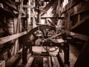The timeless gears of the Blue Hill Baptist Church clock, crafted by E. Howard & Co., captured in striking detail.