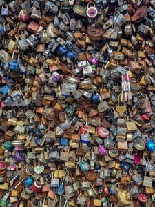 A colorful cluster of weathered locks in Portland’s Old Port — each one a silent keeper of someone’s story.