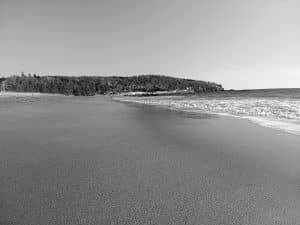 Black and white photograph of Sand Beach in Acadia National Park, showing the shoreline, ocean waves, and forested cliffs in winter.