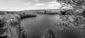 Black and white photograph of the Bagaduce River in Sedgwick, Maine, seen from The Bluff Head Trail in winter.